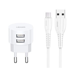 Cargador de pared USAMS T20 y cable Micro USB, 2x USB, 2,1A, blanco